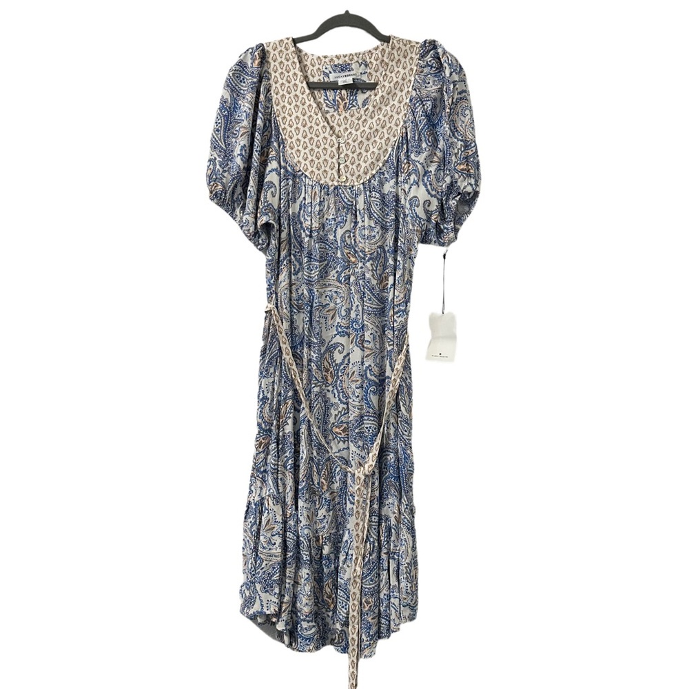 Lucky Brand Women’s Midi Puff Sleeves Boho Pleated Dress Contrast Border Size M